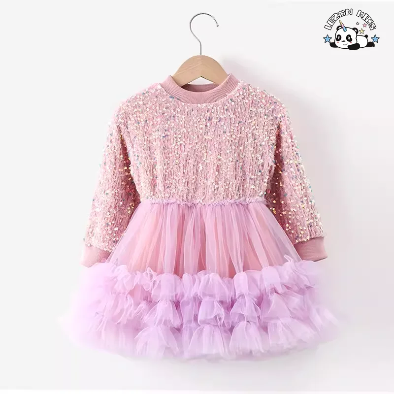 LEZONKIDS - Hot Sales Sequin Velvet Party Dresses for Girls Customized Logo Children's Clothing